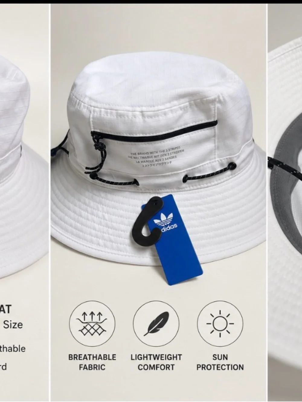 adidas White Bucket Hat with Front Zip Pocket and Cord unisex